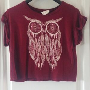 Wild Blue Sadie Robertson Cropped Maroon Rolled Sleeve Owl Tshirt Girls Women XS